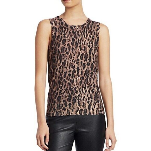 Saks Fifth Avenue Cashmere Leopard Print Shell Top Brown Sleeveless L - Picture 1 of 7